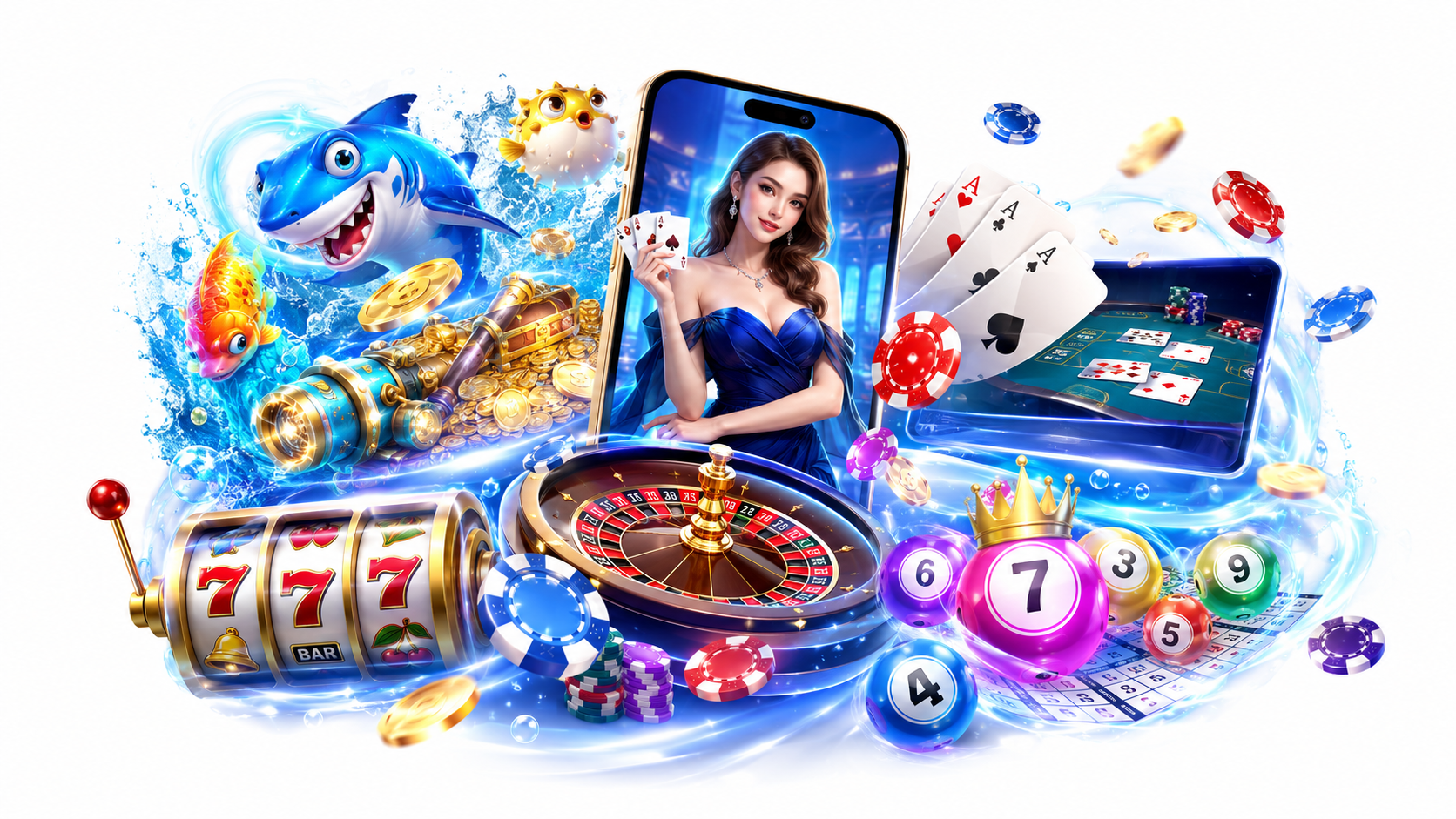 Casino-style collage with mobile live game, slots game, fishing game, bacarrat and lottery